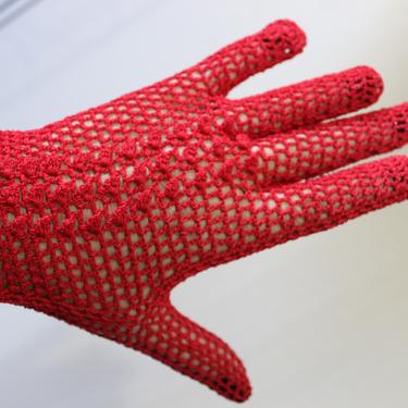 Vintage 50s 1950s Red Crochet Hand Gloves cotton Rockabilly Pinup girl // Best fit Size 6 6 1/2 to Size 7 