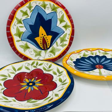 3 Piece &quot;Floral&quot; Pattern Pier one Luncheon Plates- Bright hand painted colors- 8 1/4&quot; 