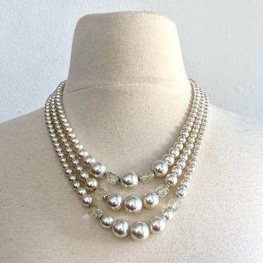 Glam VIntage FAUX PEARL + Glass CRYSTAL Necklace / 3 Graduated Strands 