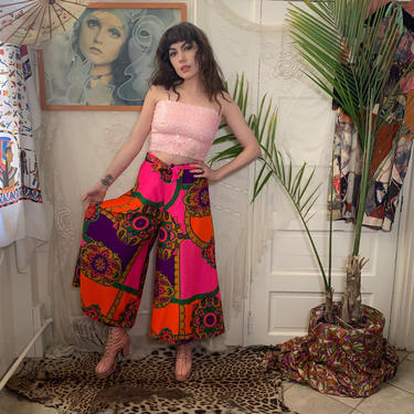 60's PSYCHEDELIC PANTS - wide leg - high-waisted - bark cloth - large 
