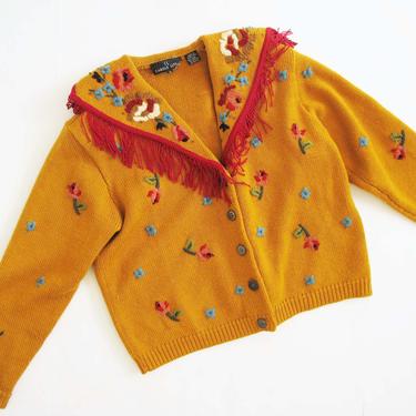 Vintage Mustard Yellow Wool Cardigan S - 90s Embroidered Floral Granny Cardigan - Sailor Collar - Fringed Sweater - Carole Little 