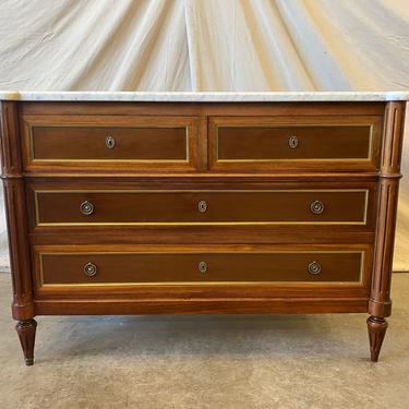 French Louis XVI Style White Marble Top Walnut Commode - 19th C