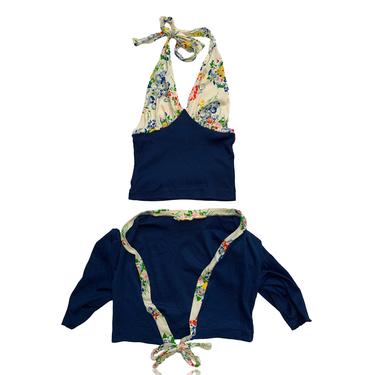 60s Two Piece Halter Top and Cardigan Set // Navy Blue and Floral Tie Neck Halter // Size Small 