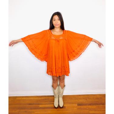 Mexican Gauze Mini // vintage 70s orange tunic blouse boho hippie hippy 1970s cotton dress // O/S 