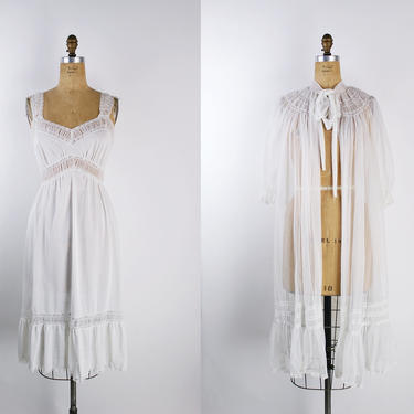 50s Nightgown White Lace Peignoir Set/ Wedding Lingerie/ Boudoir / Pin up/ White slip Dress / Bridal / Wedding Nightgown / Size S/M 