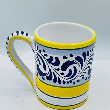 Deruta Pottery-Large Coffee Mug Blue Yellow Pattern made/painted by hand-Italy 