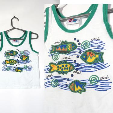 Vintage 90s Kids Cool Fish Summer All Cotton Tank Top Tshirt Size 3T/2T 