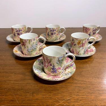 Vintage Lord Nelson Ware Chintz Heather 2750 Demitasse Tea Cup and Saucer Set of 6 