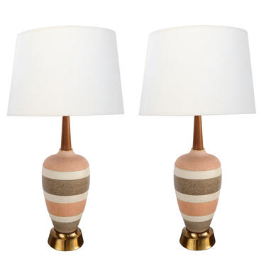 A Stylish Pair of Danish Modern Coral, Brown and Ivory Salt-glazed Lamps
