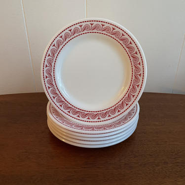 Set of 6- Vintage Pyrex Dessert or Salad Luncheon Plates, 363, Diner ware, Tableware, MCM Retro Kitchen, Red Chariot Pattern 