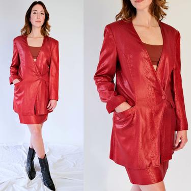 Vintage 80s Hanae Mori Boutique Red Snakeskin Blazer and Skirt Suit | Avant Garde | 1980s French Designer Broad Shoulder Blazer Mini Skirt 