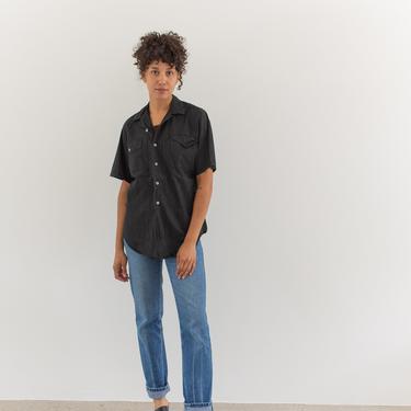 Vintage Black Charcoal Rinsed Short Sleeve Shirt | Overdye Flap Pocket Simple Cotton Work Blouse | S | 