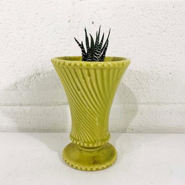 True Vintage McCoy Chartreuse Planter Minimal Pattern Brush Vase Pedestal Mid-Century Pottery Pot Yellow USA 1950s 50s Green MCM 