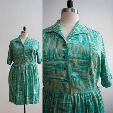 1950s Shirt Dress / Plus Size Vintage Dress / 50s Day Dress / Abstract Print Dress / 1950s Dress XL 