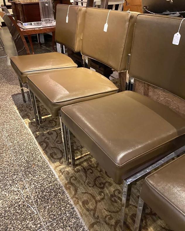 Vinyl and chrome Mid-century chairs. 4 dark brown, 2 lighter brown 30” high 20” wide 20” deep. 
