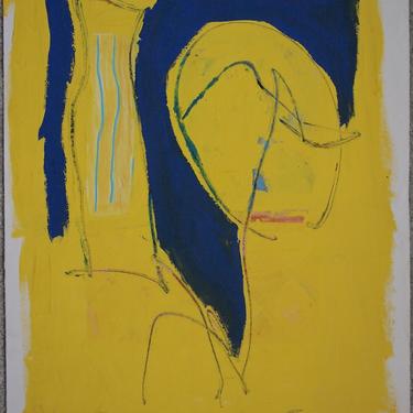 Original Vintage R. TIMPANO ABSTRACT Expressionist PAINTING 30x22&quot; Oil / Paper, Mid-Century Modern Art yellow blue white eames knoll era 