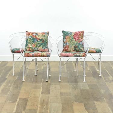 Set Of 4 White Barrel Back Ivy Pattern Patio Chairs 