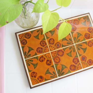 Vintage 70s Spanish Tile Wood Large Kitchen Trivet Tray - Orange Brown Bohemian Kitchen Countertop Tile Tray - Rectangle Trivet - 