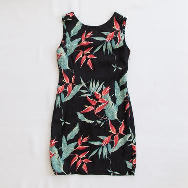 Zingiber Dress — vintage tropical silk dress / 90s Tommy Bahama black sleeveless cocktail dress / small Hawaiian floral summer midi dress by fieldery