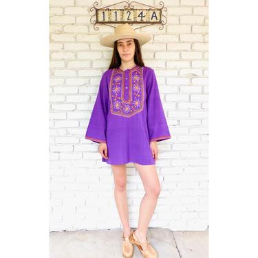 Indian Tunic // vintage 70s hand embroidered dress blouse boho hippie hippy 1970s woven cotton dress purple // O/S 