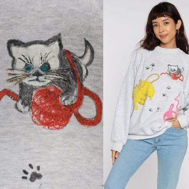 Hand Painted Cat Sweatshirt Grey Kitten Sweater 80s Animal Vintage Raglan Sleeve 90s Graphic Novelty Print Kawaii Extra Large xl 