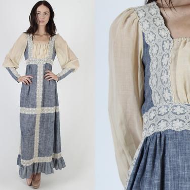 Dirndl Bodice 70s Renaissance Fair Dress / Medieval Times  Renn Faire Dress / Poet Zipper Sleeves / Chambray Floral Maxi Dress 