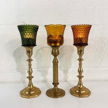 Vintage Glass Brass Candleholders Set Tea Light Candlesticks Mid-Century Candleholder Wedding Candlestick Mismatched Green Amber Votives 
