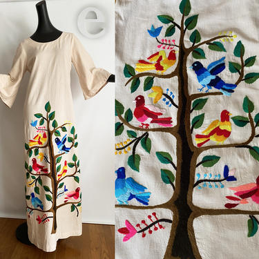 Rare Vintage Mexican Maxi Dress • Hand Embroidered Birds + Tree of Life Crewel Embroidery • Hippie Boho Bell Sleeve Full Length • Tipicano 
