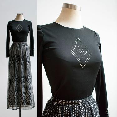 Vintage 1970s 2pc Set / 2pc Vintage Outfit / Formal 2pc Set / 1970s Art Deco Style Skirt / Black and Silver Evening Outfit / 1970s Deco Set 