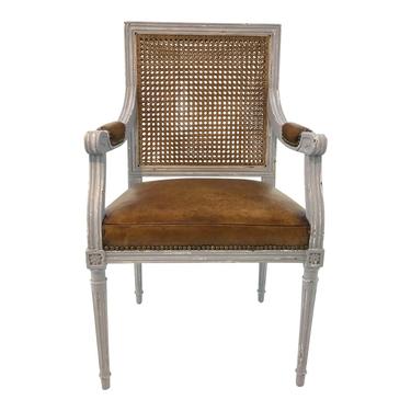 Bungalow 5 Transitional Leather and Cane Gray Arm Chair
