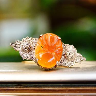 Vintage Art Deco Sterling Silver Carnelian & Pearl Seed Brooch Pin, Carved Orange/Red Carnelian Stone, Ornate Silver Setting, 1 3/4&quot; L 