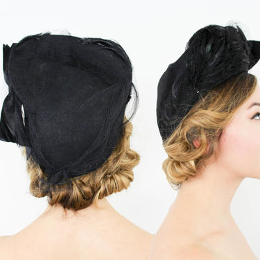 40s Black Wool &amp; Feather Hat | Black Feather Asymmetric Hat | Ultra U.S.A. 