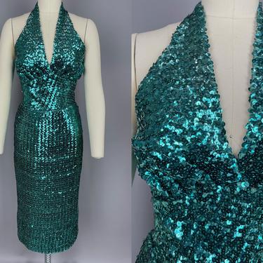 1950s Sequin Halter Dress | Vintage 50s 60s Aqua Blue Cocktail Dress | medium 