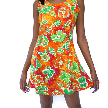 VINTAGE 90s Orange &amp; Green Floral Mini Summer Dress XS 