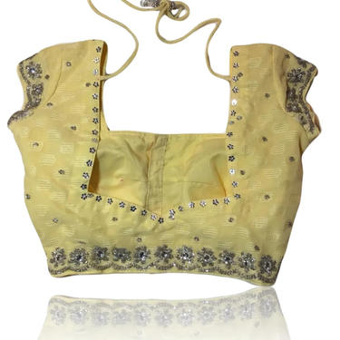 Pale Yellow Beaded Crop Top // Floral Beaded // Indian Saree // Padded // Back Tie // Size XS / Small 