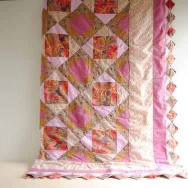 Vintage Handmade Patchwork Quilt in Pink, Purple, and Green, Handmade Cotton Quilt, Patchwork Blanket, Bed Quilt, Full Size Quilt Blanket 