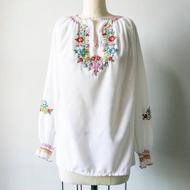 1970s Peasant Blouse Embroidered Floral Boho Top S 