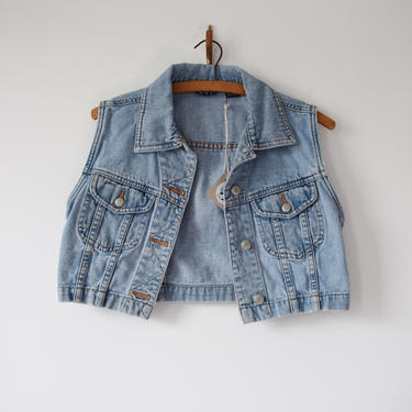 Vintage Cropped Denim Vest | 1990s Light Wash Denim Sleeveless Jacket by Gap |  XS 
