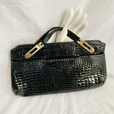 Black Patent Croc Purse, Clutch, Handbag, Optional Handle, Vintage 60s 70s 