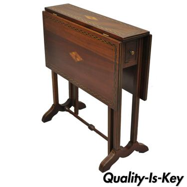 Small Antique Edwardian Mahogany Satinwood Inlay Dropleaf Side Table w/ Drawer