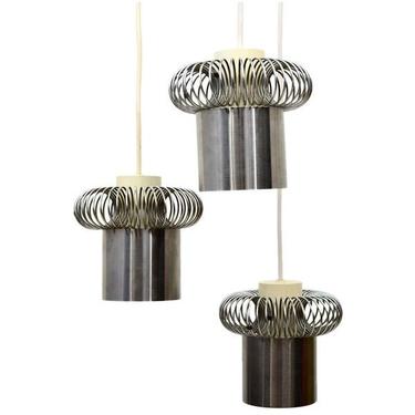 1960s European Chandelier Three Light Dangling Pendant Lamp Silver Spiral Coil 