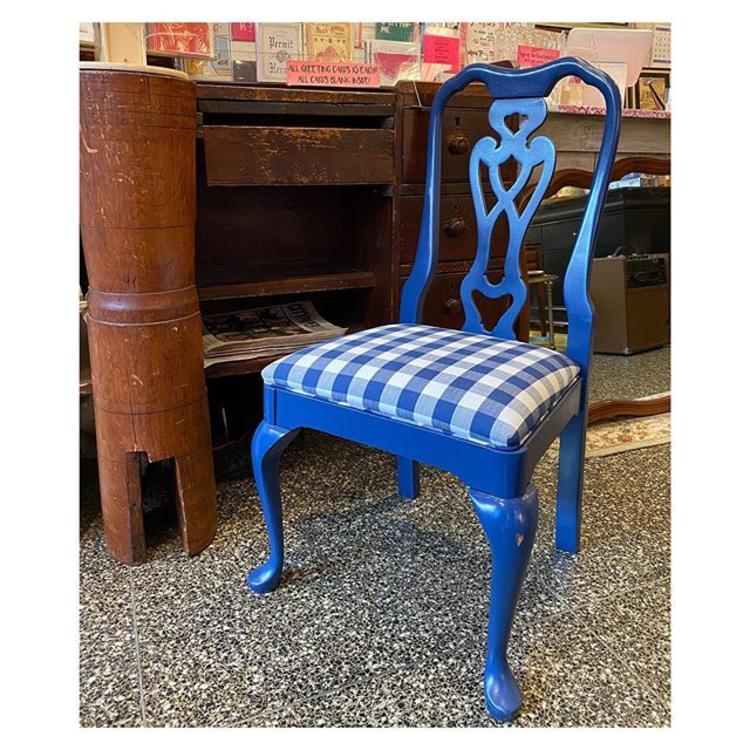 Fab Queen Anne style chair/ blue painted blue / white plaid upholstered cushion. set of 4 available. 
