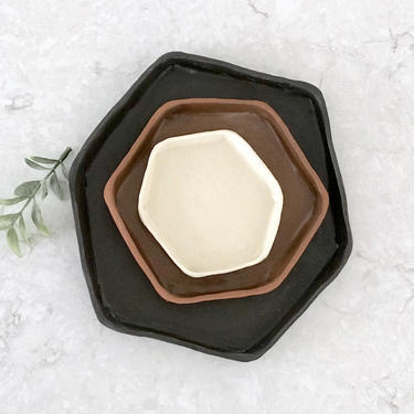 Trio of Hexagon Dishes - Shallow Hand Built Ceramic Stoneware Hexagon Shaped Nesting Dishes - Tri-Colored Food Safe Bowls - MADE TO ORDER 