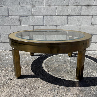 Gold Coffee Table Hollywood Regency Milo Baughman Style Glass Brass Metal Accent Mid Century Modern MCM Side Boho Ring Vintage Living Room 