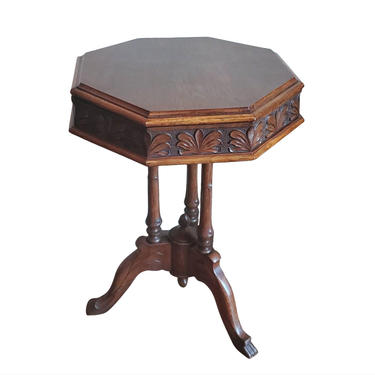 English Victorian Carved Oak Octagon Work Sewing Table from Mid 19th Century - Antique Side Table on Tripod Pedestal Base 