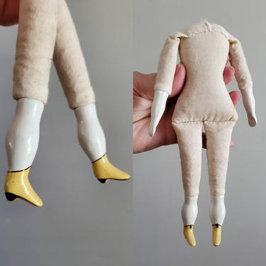 Antique Miniature Doll Body with Painted Yellow Boots- 8 Inches Tall- Antique Doll Parts - Collectible Dolls - Cloth Body China Dolls 