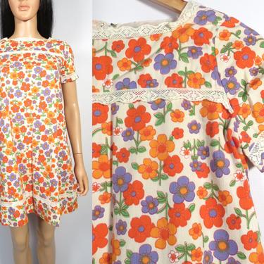 Vintage 60s Flower Power Cotton Babydoll Dress Size XS/S 