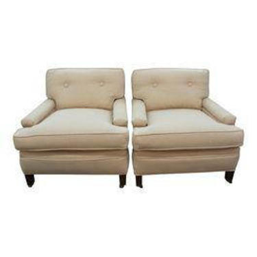 Mid Century Modern pair of club chairs, diamond pattern cream upholstery 