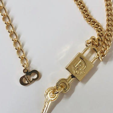 Vintage 90's CHRISTIAN DIOR PADLOCK Monogram Logo Lock Key Gold Plated Charm Pendant Necklace Jewelry Chain 