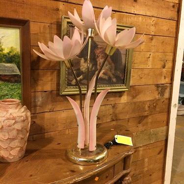 Vintage pink plastic and brass flower lamp